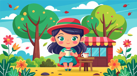 Vector illustration of a cute cartoon girl with a hat sitting outside a colorful kiosk, enjoying a cup of coffee in a scenic park with trees and flowers.のイラスト素材