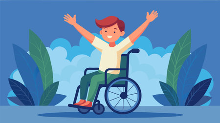 Vector graphic of an enthusiastic young individual in a wheelchair with raised arms, depicting happiness and accessibility outdoors amidst lush foliage.のイラスト素材