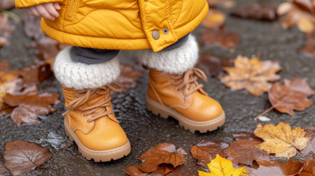 A little girl wearing a yellow jacket and boots stands outdoors.の素材