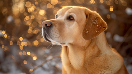 A serene Golden Labrador gazes into the distance, its fur dusted with snowflakes, against the warm glow of a winter sunset.の素材
