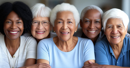 This image captures a heartwarming moment as a diverse group of senior women share a close, joyous embrace, smiling brightly, illustrating friendship and happiness in their later years.の素材
