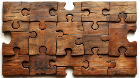 A single wooden puzzle piece sits atop a sturdy wall.の素材
