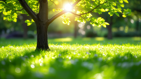 A tall oak tree stands with sun rays shining through its lush green leaves, creating a beautiful play of light and shadow.の素材