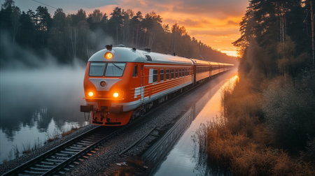 An orange and red train travels on tracks through a dense forest, with morning mist and the warm glow of sunrise creating a picturesque scene.の素材