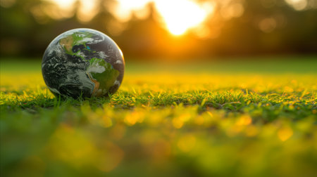 A picture showcasing a small Earth globe lying amidst green grass, symbolizing the importance of nature conservation.の素材