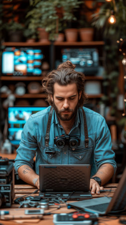 A focused man with long hair is intently working on electronic devices amidst a workshop environment, surrounded by various tools and components.の素材