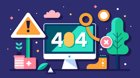 This vibrant vector graphic depicts a computer monitor displaying a 404 error message, surrounded by symbols of caution, disconnection, and nature, suggesting a problem in a digital environment.のイラスト素材