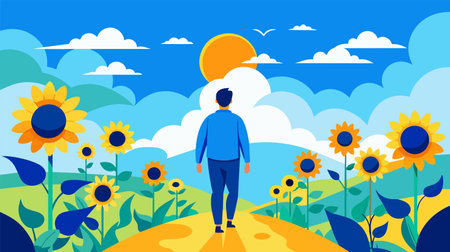 A vibrant vector illustration depicting a man on a sunny path through a field of blooming sunflowers, with a clear blue sky in the background.のイラスト素材