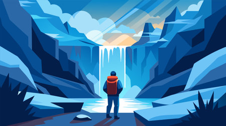 A lonely adventurer stands before a majestic frozen waterfall surrounded by icy cliffs. This vector illustration captures the tranquility and awe of a winter wonderland.のイラスト素材