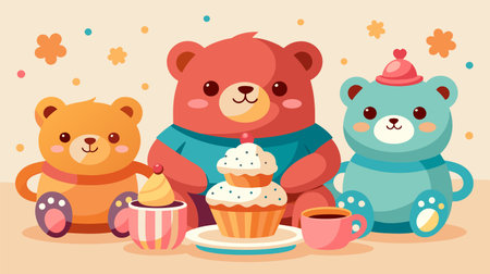 Adorable animated bears sharing a moment of happiness with cupcakes and coffee on a cheerful background, perfect for kids or greeting cards.のイラスト素材