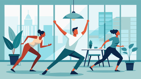 Three young professionals engaging in an energetic fitness routine amidst an office setting, promoting health and team building with a city skyline in the background.のイラスト素材