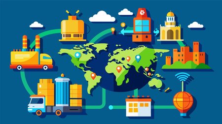 An engaging vector illustration representing global logistics and trade with icons for transportation, landmarks, and digital connectivity.のイラスト素材