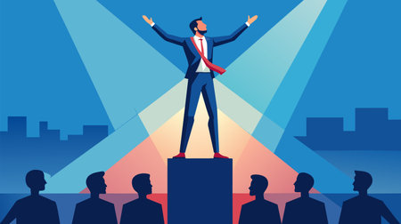 An illustration of a confident business leader standing tall on a podium, with rays of light highlighting their presence as they address a team of professionals during a strategic planning session against an urban skyline backdrop.のイラスト素材