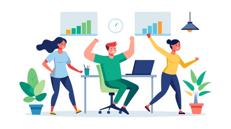 An animated illustration of a joyful office team celebrating a victory. Three colleagues are seen with arms raised, exuding positivity and teamwork beside a desk with a laptop and growth charts.のイラスト素材