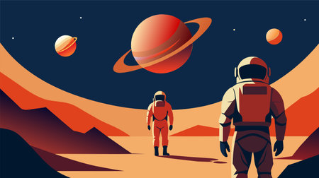 Two astronauts in space suits are depicted in a vector illustration as they explore the rocky terrain of an alien planet, with a large ringed planet visible in the colorful cosmos above.のイラスト素材