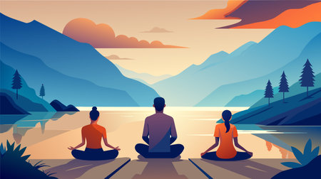 Three people meditate peacefully by a serene lake with a majestic mountain backdrop under a sunset sky in this calming vector illustration.のイラスト素材
