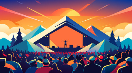 A colorful vector illustration showcasing a lively outdoor music festival, with an energetic crowd...