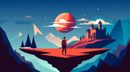 A man confidently stands on top of a cliff, overlooking the surrounding landscape.のイラスト素材