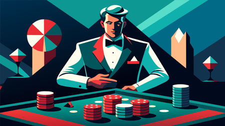 A stylized vector illustration of a confident man in a tuxedo playing cards at a casino table with poker chips and a cocktail in the background.のイラスト素材