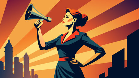 A vector illustration showing a woman holding a megaphone in front of a city skyline.のイラスト素材