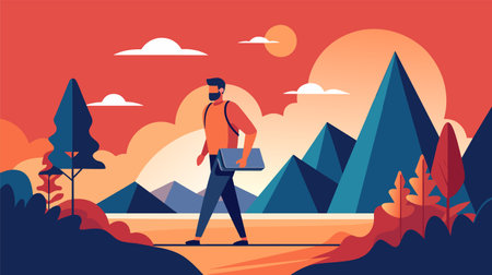 A vector illustration depicting a man with a backpack walking alone through a stylized mountain landscape with trees under a warm, sunset sky.のイラスト素材