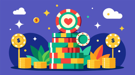 This image features a vibrant illustration of a tall stack of multicolored casino chips with money symbols, set against a whimsical nighttime backdrop with stars and foliage.のイラスト素材