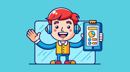 This vibrant vector illustration depicts a cartoon boy with headphones joyfully presenting a music playlist on his mobile phone, set against a blue background.のイラスト素材