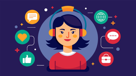 This vector illustration depicts a smiling customer service representative wearing a headset, encapsulated by various communication and service-related icons, representing her role in customer support.のイラスト素材