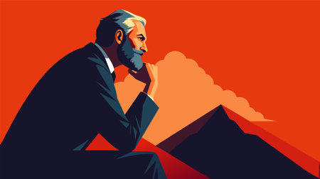A vector illustration of a painting depicting a man sitting on a mountain.のイラスト素材
