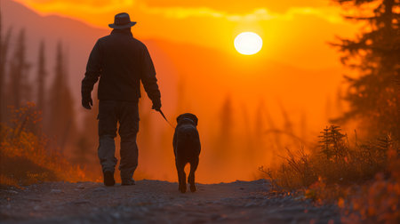 A man wearing a backpack walks alongside his dog on a scenic trail as the sun sets in the background.の素材