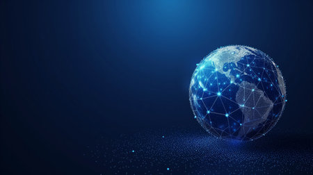 This image features a luminous digital globe with intricate network connections, symbolizing global communication and technology in a dark setting, conveying a sense of connectivity across continents.の素材
