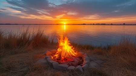 A fire pit sits on top of a grass covered field, creating a warm and inviting ambiance.の素材