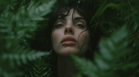 A woman discretely conceals herself within the vibrant foliage of a tree.の素材