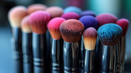 This close-up photo showcases a collection of different makeup brushes with various shapes and sizes.の素材