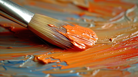 A detailed view of a paintbrush coated with bright orange paint.の素材