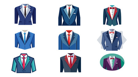 A vector illustration featuring a varied selection of suits and ties, capturing their diverse styles and designs.のイラスト素材