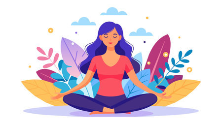 A vector illustration of a woman sitting in a lotus position with her eyes closed.のイラスト素材