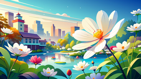 A vector illustration depicting a river flowing through a landscape with vibrant flowers in the foreground and a city visible in the background.のイラスト素材