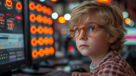 A young boy, wearing glasses, focusedly gazes at a computer screen.の素材