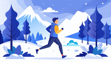 Vector illustration of an active man jogging in a serene winter landscape with snow-covered mountains, trees, and clear night sky.のイラスト素材
