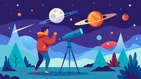 Colorful vector illustration featuring an astronomer gazing at a vibrant night sky filled with planets and stars using a telescope, set against a background of mountains.のイラスト素材