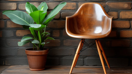A wooden chair is placed beside a potted plant in a simple yet inviting arrangement.の素材