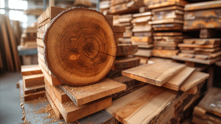 The image showcases a close-up view of a tree log cross-section with detailed ring patterns, situated among stacks of sawn wood planks in a lumber warehouse.の素材