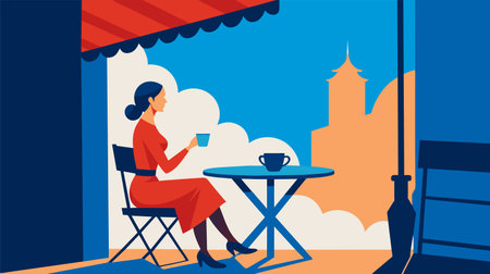 Stylish female character seated at a bistro table, sipping a cup of coffee, with an urban silhouette in the background. Vibrant colors and modern design encapsulate urban sophistication.のイラスト素材