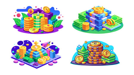 A set of vibrant isometric vector graphics depicting different money-related concepts including stacked coins, currency bundles, and financial growth symbols.のイラスト素材