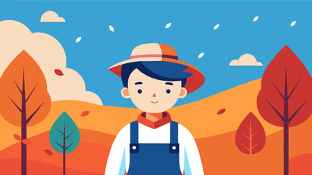 Illustration of a smiling cartoon farmer wearing a hat in a stylized autumn landscape with colorful trees and falling leaves.のイラスト素材
