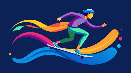A vibrant illustration of a skateboarder in motion, exuding speed and agility with colorful abstract trails against a dark background.のイラスト素材