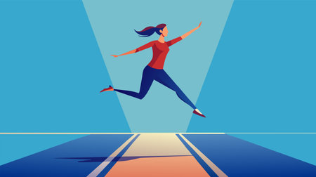 Illustration of a dynamic, jubilant woman crossing the finish line with a sense of achievement and victory in a stylized race setting.のイラスト素材