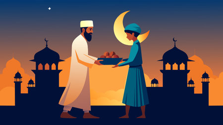 Illustration of two men sharing a meal during Ramadan with a crescent moon and mosque silhouettes in the background, conveying a sense of community and tradition.のイラスト素材