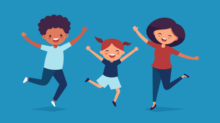 Illustration of a cheerful adult and two happy children jumping with joy against a vibrant blue background, expressing happiness and togetherness.のイラスト素材
